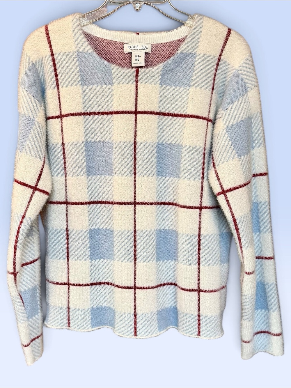 Rachel Zoe Plaid Fuzzy Sweater Blue Cream Burgundy Windowpane Size M